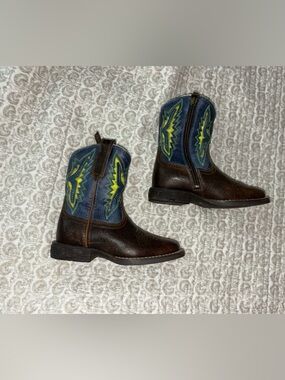 Ariat Kids Brown Leather Western Boots with Blue Shaft & Neon Green Stitching